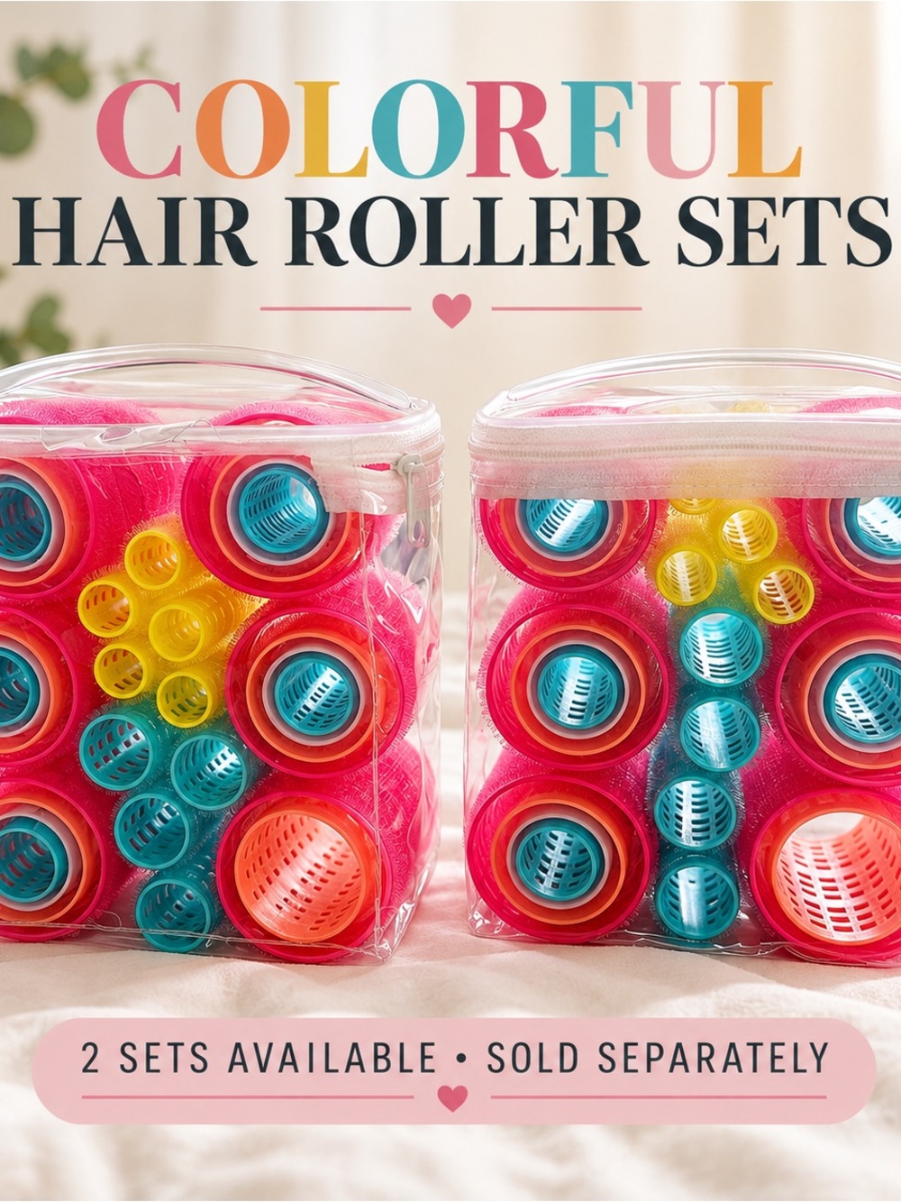 Colorful Hair Roller Set Assorted Sizes Clear Zipper Storage Bag